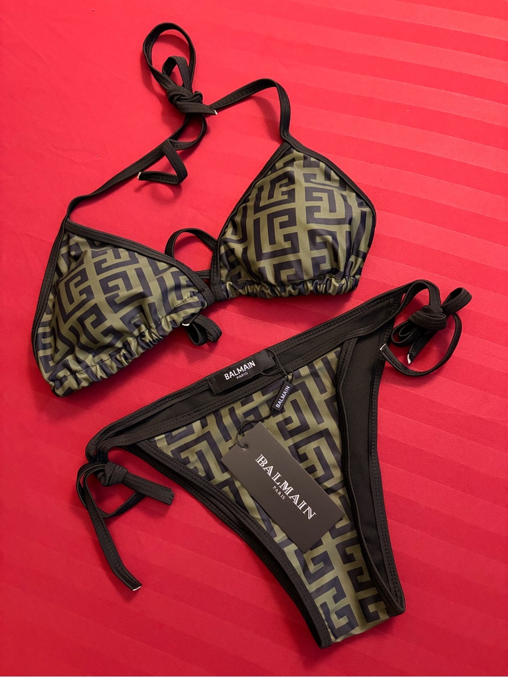 Balmain Olive Green & Black Logo Triangle Bikini Set